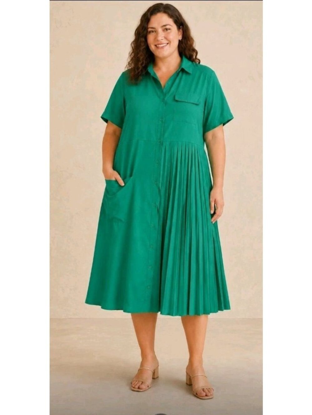 Asymmetric Pleated Shirt Dress Pockets Casual Work Church Size L Kelly Green